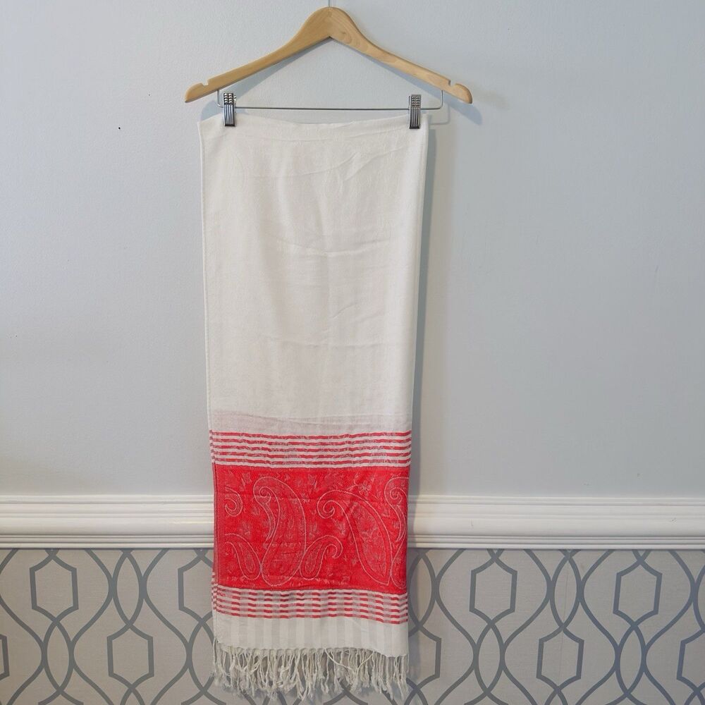 Women's Shawl Scarf Wrap White & Red Paisley Print Cashmere Fringed Pashmina